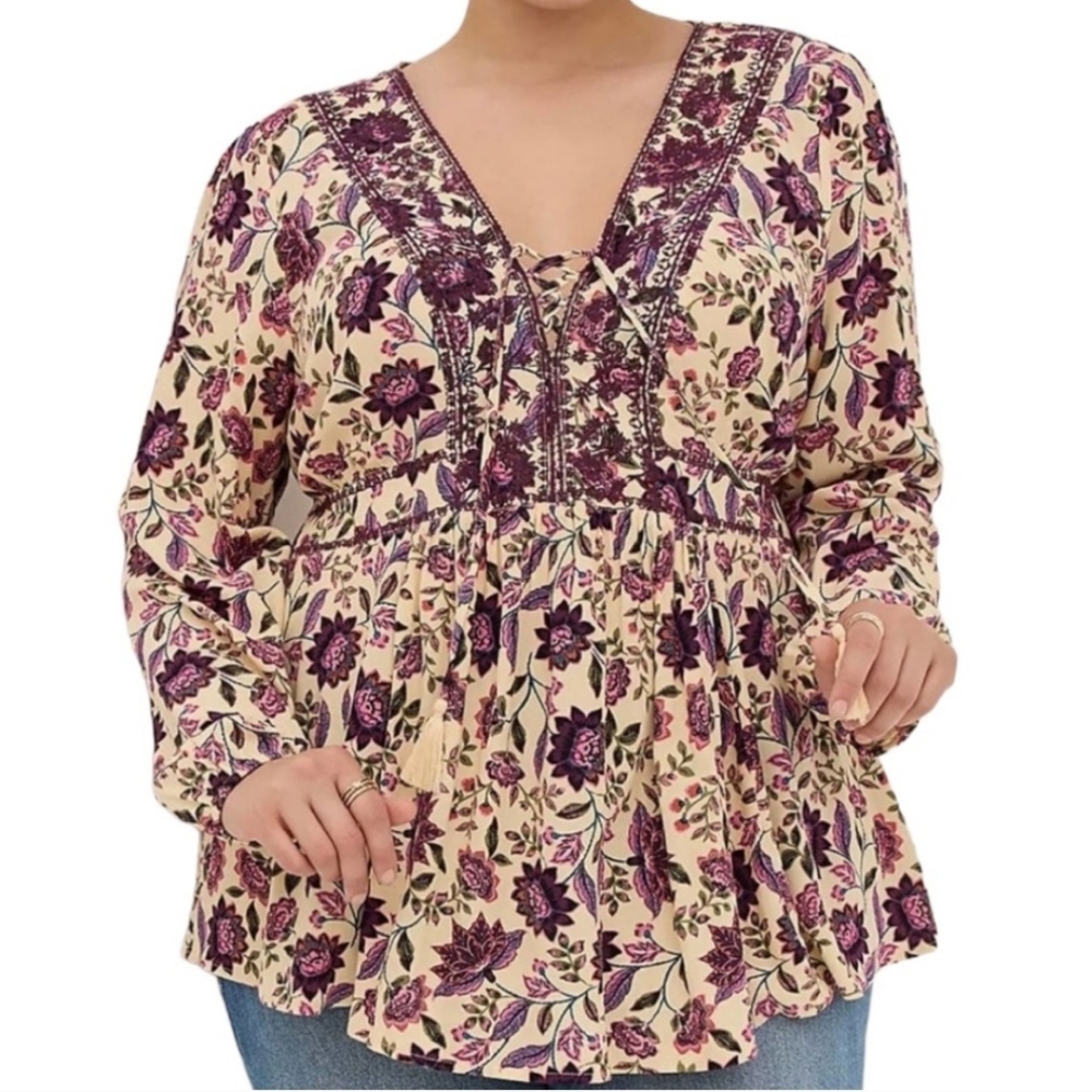 Torrid V Neck Babydoll Peplum Tassel Floral Tunic Size 1X